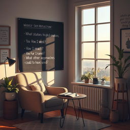 A thoughtful scene illustrating the practice of weekly self-reflection for personal development