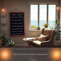 A thoughtful scene illustrating the practice of weekly self-reflection for personal development