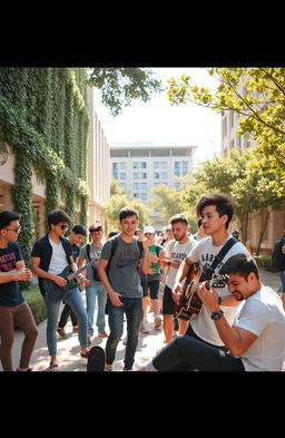 A lively university campus scene filled with young men showcasing a rebellious attitude, clad in stylish yet casual attire