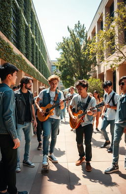 A lively university campus scene filled with young men showcasing a rebellious attitude, clad in stylish yet casual attire
