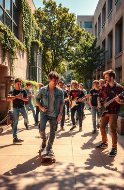 A lively university campus scene filled with young men showcasing a rebellious attitude, clad in stylish yet casual attire