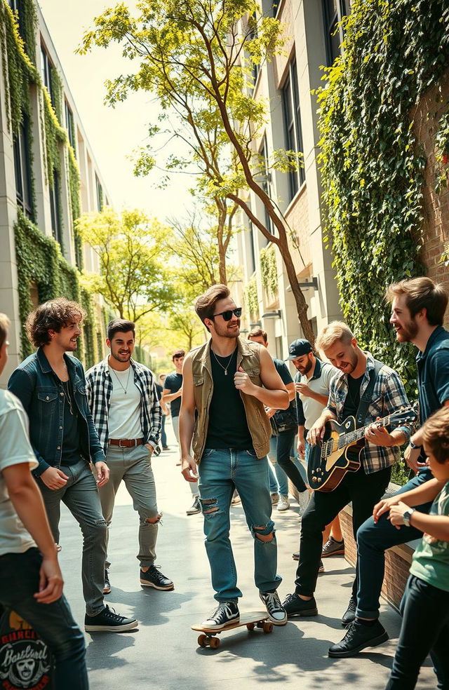 A lively university campus scene filled with young men showcasing a rebellious attitude, clad in stylish yet casual attire