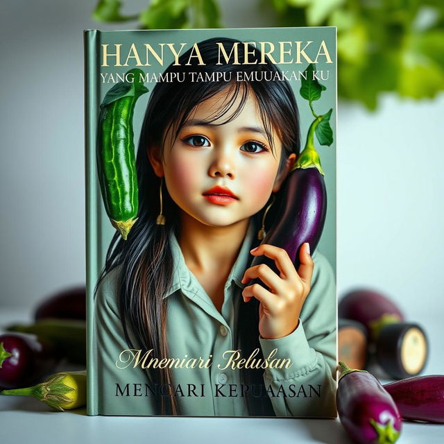 A captivating book cover featuring a charming adult girl with an innocent demeanor, adorned in stylish but modest clothing