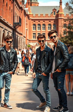 A vibrant university campus scene depicting a group of charismatic young men with a rebellious spirit, styled as 'bad boys'