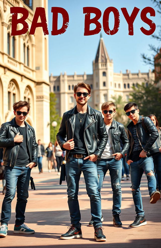 A vibrant university campus scene depicting a group of charismatic young men with a rebellious spirit, styled as 'bad boys'