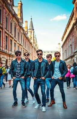 A vibrant university campus scene depicting a group of charismatic young men with a rebellious spirit, styled as 'bad boys'
