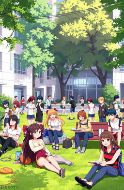 A vibrant university campus scene inspired by the style of the anime 'Bad Boys', featuring a diverse group of young adults engaging in various activities
