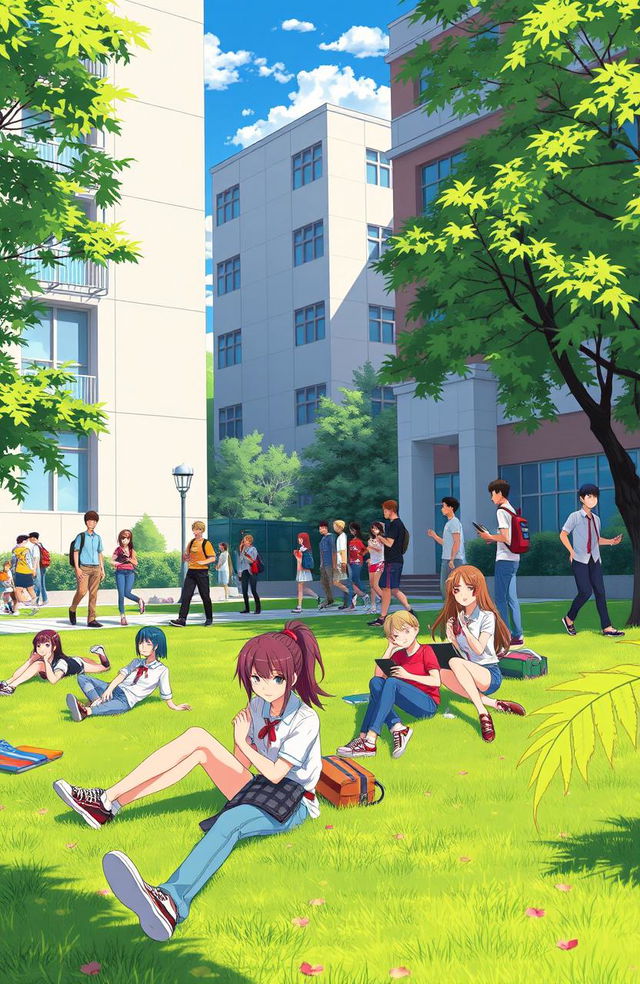 A vibrant university campus scene inspired by the style of the anime 'Bad Boys', featuring a diverse group of young adults engaging in various activities