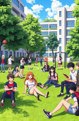 A vibrant university campus scene inspired by the style of the anime 'Bad Boys', featuring a diverse group of young adults engaging in various activities