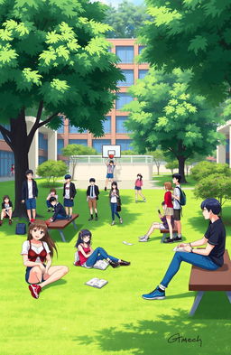 A vibrant university campus scene inspired by the style of the anime 'Bad Boys', featuring a diverse group of young adults engaging in various activities