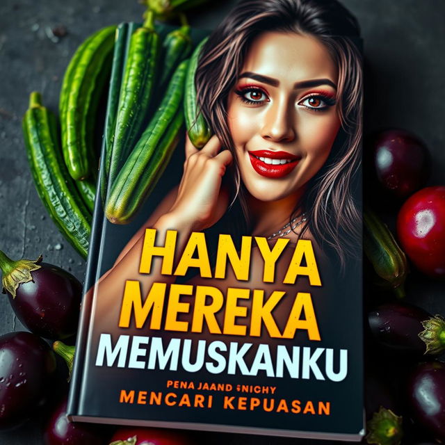 A captivating book cover featuring a charming, attractive adult woman with a cute style, surrounded by wet cucumbers and eggplants, creating a playful yet alluring composition