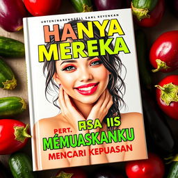 A captivating book cover featuring a charming, attractive adult woman with a cute style, surrounded by wet cucumbers and eggplants, creating a playful yet alluring composition