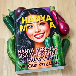 A captivating book cover featuring a charming, attractive adult woman with a cute style, surrounded by wet cucumbers and eggplants, creating a playful yet alluring composition