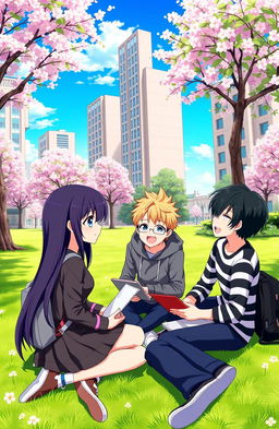 A vibrant anime scene capturing a university setting with one girl and three boys