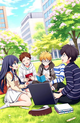 A vibrant anime scene capturing a university setting with one girl and three boys