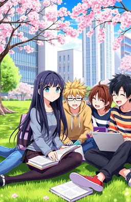A vibrant anime scene capturing a university setting with one girl and three boys