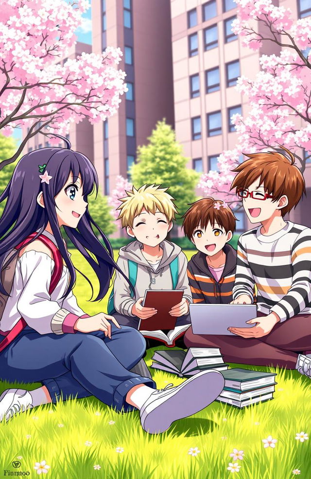 A vibrant anime scene capturing a university setting with one girl and three boys