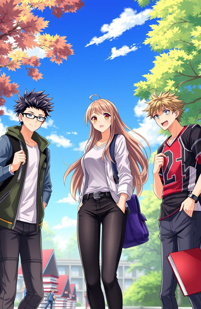 In a vibrant university setting, a beautifully illustrated scene features one attractive girl surrounded by three hot anime boys