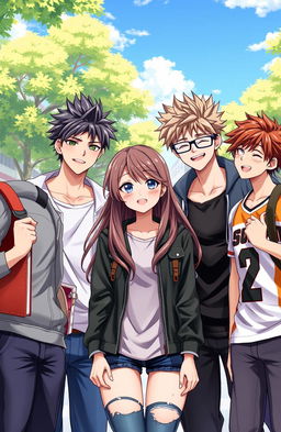 In a vibrant university setting, a beautifully illustrated scene features one attractive girl surrounded by three hot anime boys