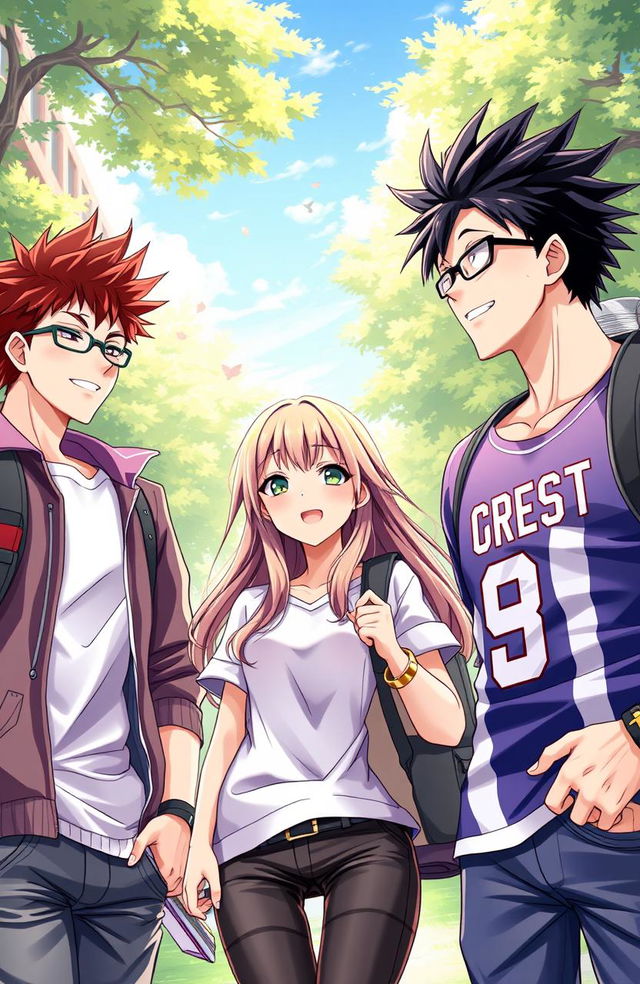 In a vibrant university setting, a beautifully illustrated scene features one attractive girl surrounded by three hot anime boys