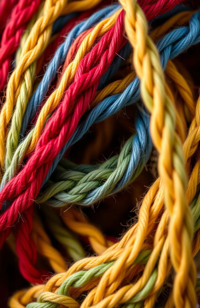 A stunning close-up view of intertwined colorful threads, showcasing a vibrant array of yarns like red, blue, green, and yellow, coiling together in intricate patterns