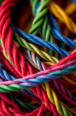 A stunning close-up view of intertwined colorful threads, showcasing a vibrant array of yarns like red, blue, green, and yellow, coiling together in intricate patterns