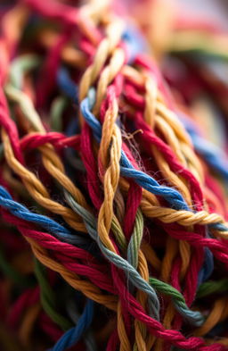 A stunning close-up view of intertwined colorful threads, showcasing a vibrant array of yarns like red, blue, green, and yellow, coiling together in intricate patterns