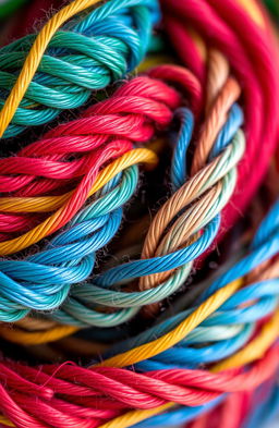 A stunning close-up view of intertwined colorful threads, showcasing a vibrant array of yarns like red, blue, green, and yellow, coiling together in intricate patterns