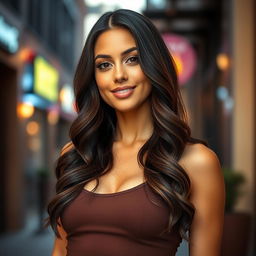 Elyse Love, a stunning and attractive woman in her mid-20s with long, wavy dark brown hair that cascades down her shoulders