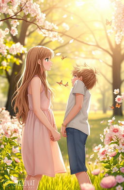 A romantic scene depicting a girl with long, flowing hair gazing shyly at her crush for the first time