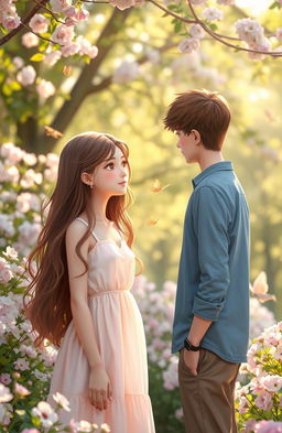 A romantic scene depicting a girl with long, flowing hair gazing shyly at her crush for the first time