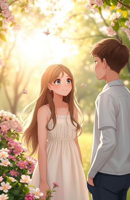 A romantic scene depicting a girl with long, flowing hair gazing shyly at her crush for the first time