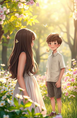 A romantic scene depicting a girl with long, flowing hair gazing shyly at her crush for the first time