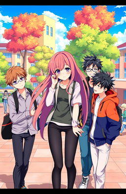 A vibrant and colorful anime-style illustration featuring a university setting with one girl surrounded by three attractive boys