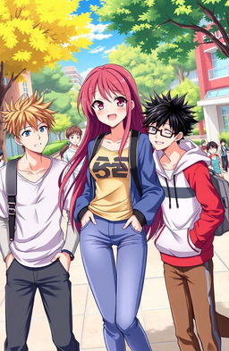 A vibrant and colorful anime-style illustration featuring a university setting with one girl surrounded by three attractive boys