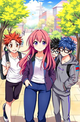 A vibrant and colorful anime-style illustration featuring a university setting with one girl surrounded by three attractive boys