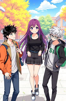 A vibrant and colorful anime-style illustration featuring a university setting with one girl surrounded by three attractive boys
