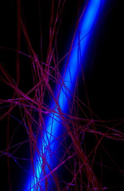 A visually striking image featuring intricate red threads intricately woven against a solid black background