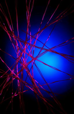 A visually striking image featuring intricate red threads intricately woven against a solid black background