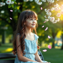 A young girl sitting on a park bench, lost in thought as she reminiscences her first love