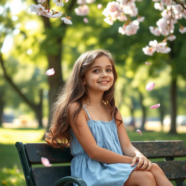 A young girl sitting on a park bench, lost in thought as she reminiscences her first love