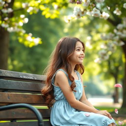 A young girl sitting on a park bench, lost in thought as she reminiscences her first love