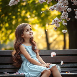 A young girl sitting on a park bench, lost in thought as she reminiscences her first love