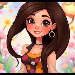 Animated version of Elyse Love, featuring fair skin, long luscious dark brown hair that flows elegantly down her back
