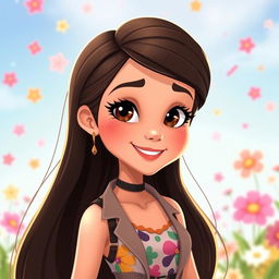 Animated version of Elyse Love, featuring fair skin, long luscious dark brown hair that flows elegantly down her back