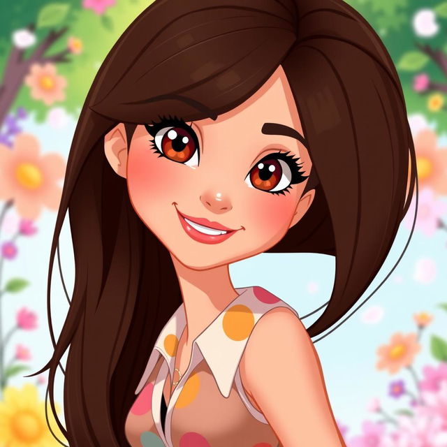 Animated version of Elyse Love, featuring fair skin, long luscious dark brown hair that flows elegantly down her back