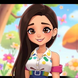 Animated version of Elyse Love, featuring fair skin, long luscious dark brown hair that flows elegantly down her back