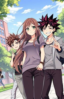 A cool manga scene set in a university campus featuring one girl surrounded by three hot boys