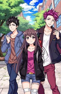 A cool manga scene set in a university campus featuring one girl surrounded by three hot boys