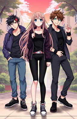 A cool manga scene set in a university campus featuring one girl surrounded by three hot boys